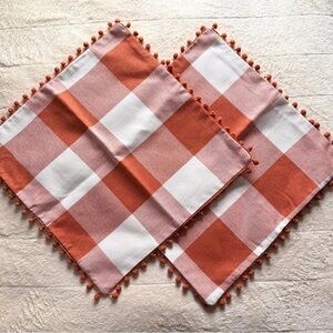 Fall Pillow Covers - Set of 2 Buffalo Orange and White Plaid, Pumpkin, Pom Poms